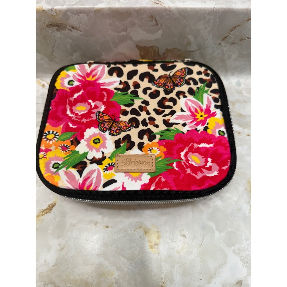 Brighton Floral Leopard Butterfly Travel Jewelry Organizer Case Zip Pouch Pink